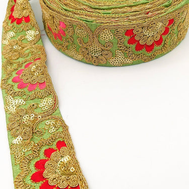 Green Art Silk Trim With Intricate Floral Embroidery With Sequins, Lace Trim, Indian Lace Trim